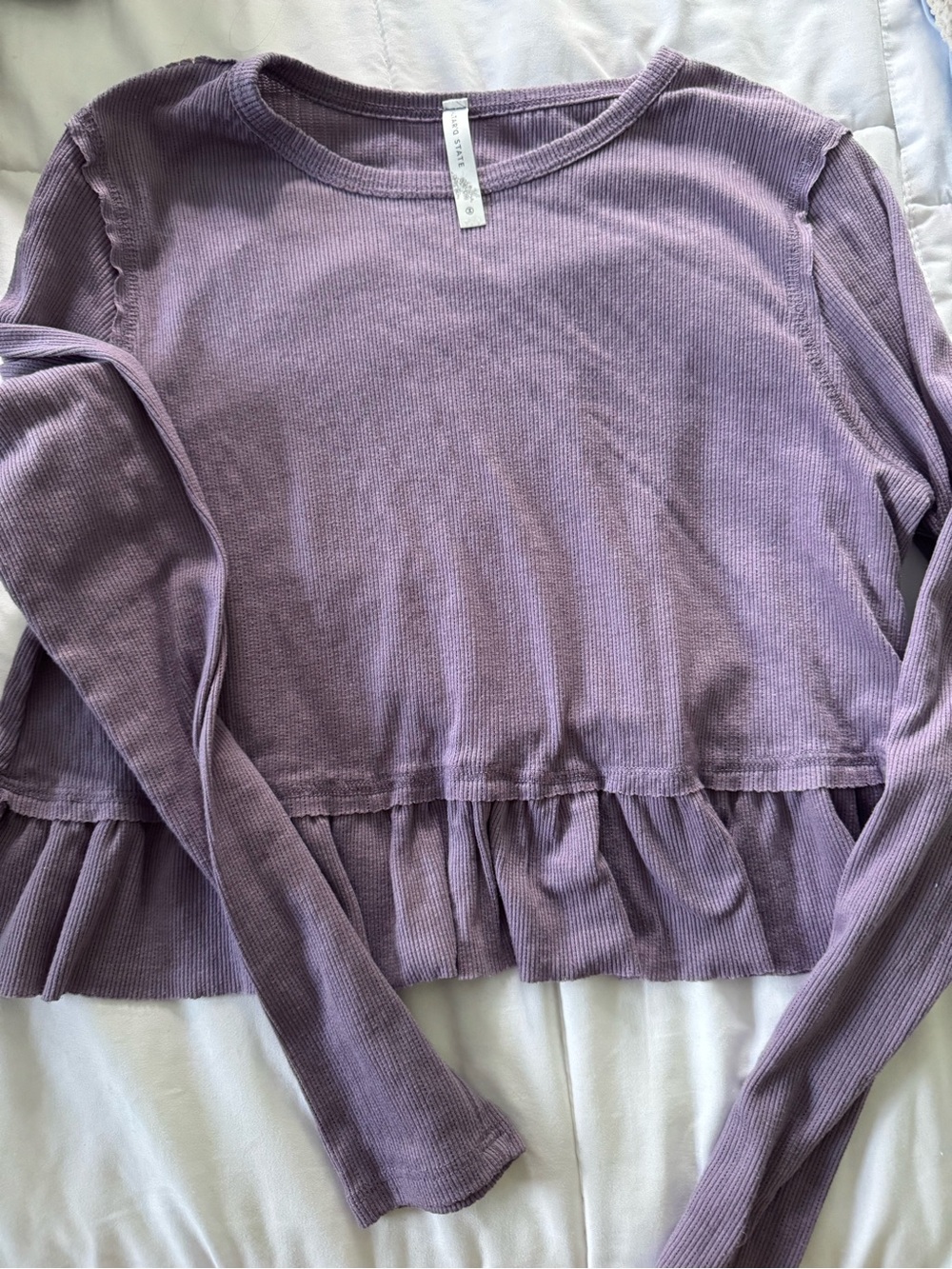 Altar'd State Lavender Ruffle Hem Ribbed Long Sleeve Top